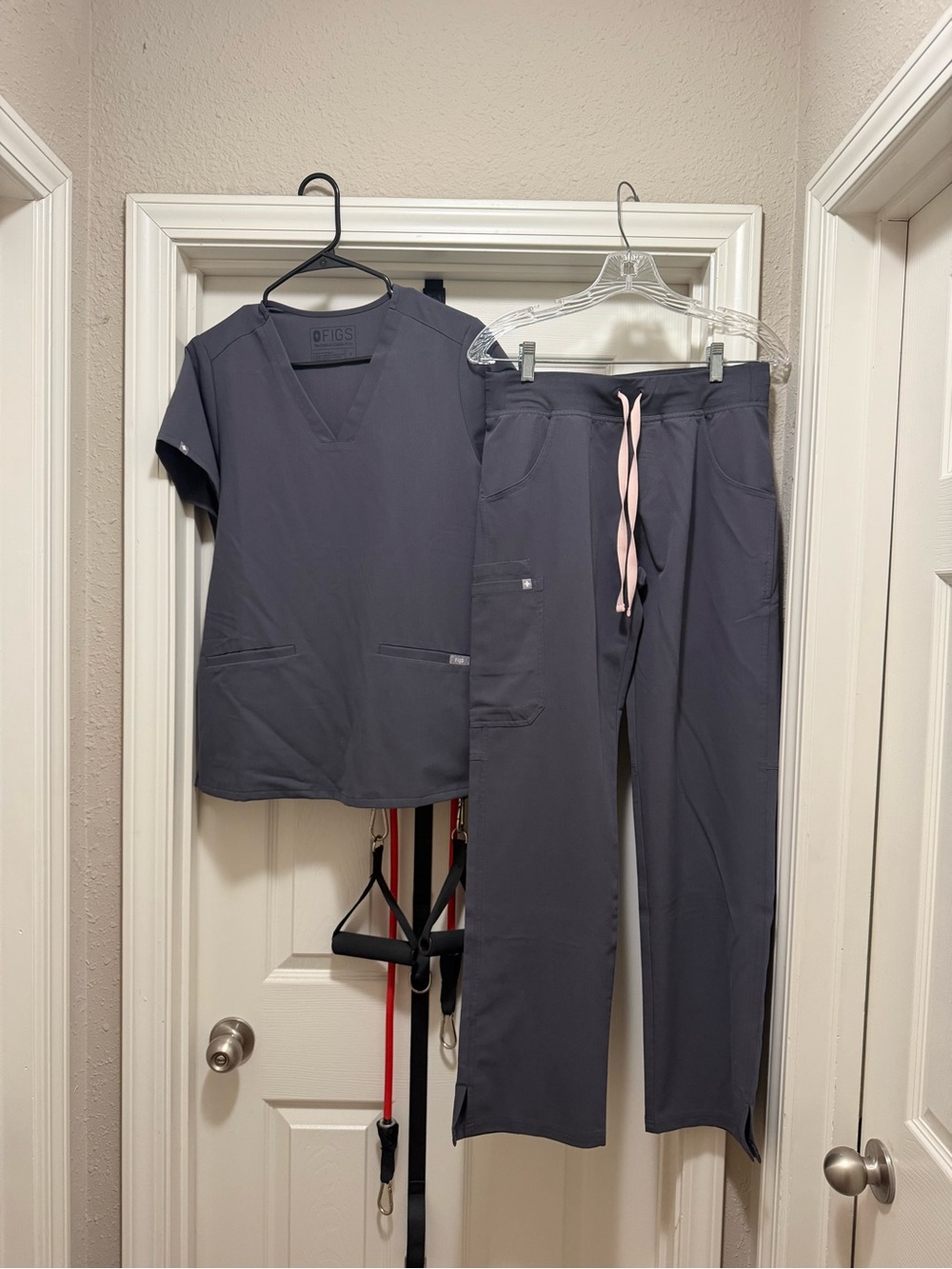 FIGS Women's Charcoal Track Pants & Scrub Top with Pink Drawstring
